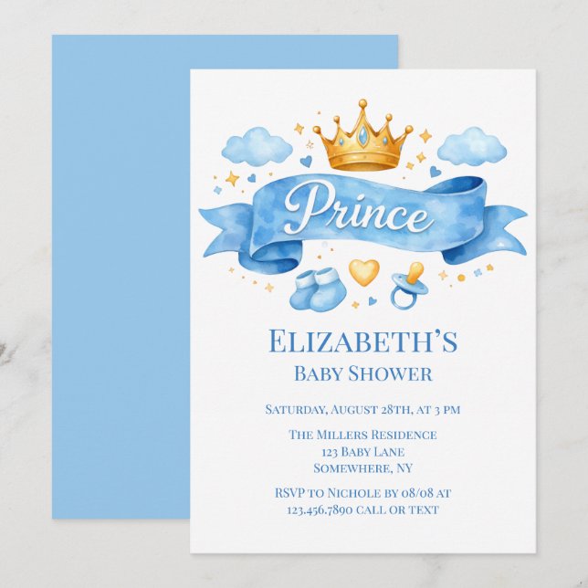 Akvarell Prince Boy Baby Shower Inbjudningar (Fram/baksida)