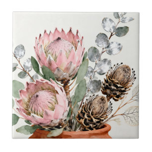 Akvarell Protea Eucalyptusarrangemang Kakelplatta