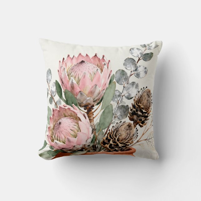 Akvarell Protea Eucalyptusarrangemang Kudde (Framsida)
