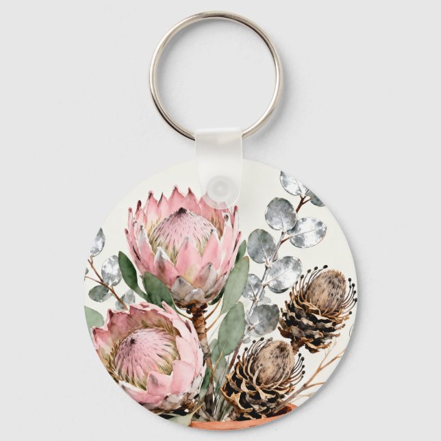 Akvarell Protea Eucalyptusarrangemang Nyckelring (Framsida)