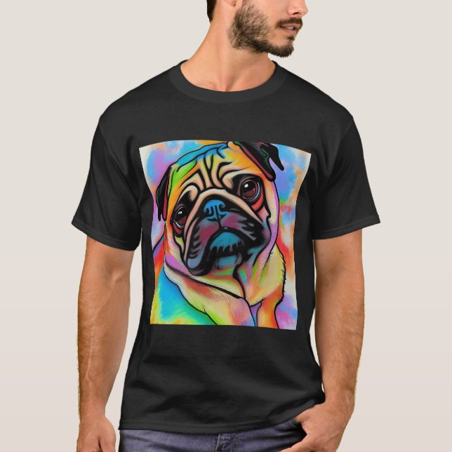Akvarell Pug Konst. Akvarell Pug. Regnbåge Pug. T Shirt (Framsida)