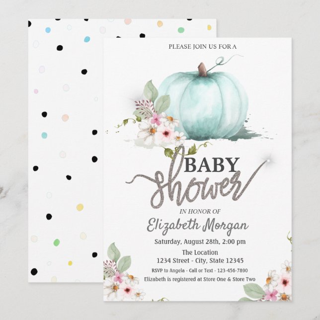 Akvarell Pumpa Blommor Prickig Bebis Shower Inbjudningar (Fram/baksida)