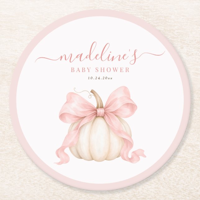 Akvarell Pumpa Höst Rosa Båge Baby Flicka Shower Underlägg Papper Rund (Framsidan)