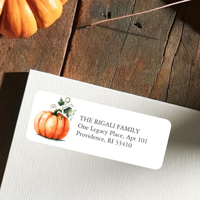 Akvarell Pumpa Returadress Etikett (Pumpkin return address labels in watercolor shades or orange and green for fall and rustic events)