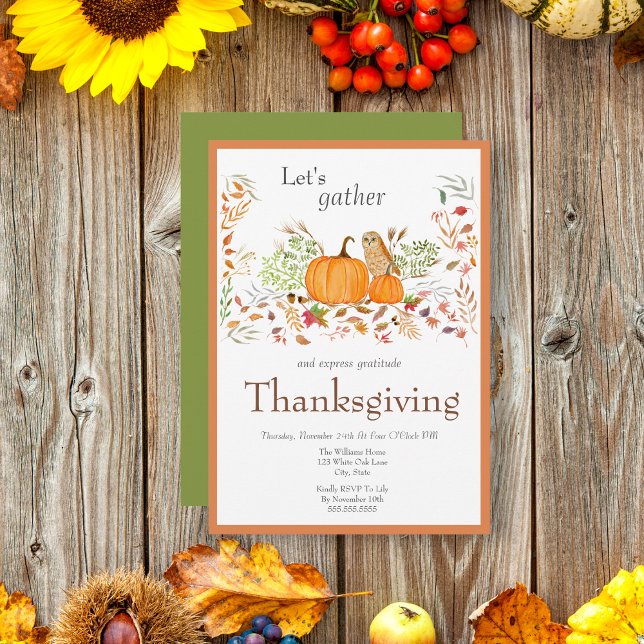 Akvarell Pumpa & Uggla i Höstens Tackgivelse Inbjudningar (Watercolor of Thanksgiving pumpkin and owl for your family invitation. )