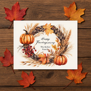 Akvarell Pumpkin & Wheat Thanksgiving Krans Vykort