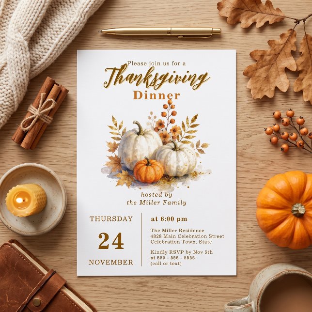 Akvarell Pumpor Guldblad Höst Tacksgiving  Inbjudningar (Skapare uppladdad)
