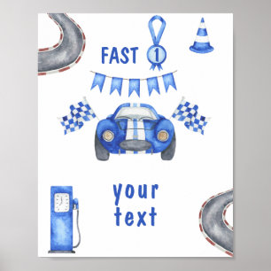 Akvarell Racerbils Första Födelsedag anpassad text Poster