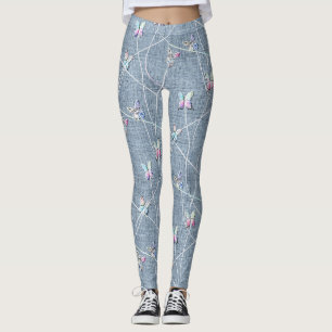 Akvarell Relief Fjärilar på Denimblå Linneduk Leggings