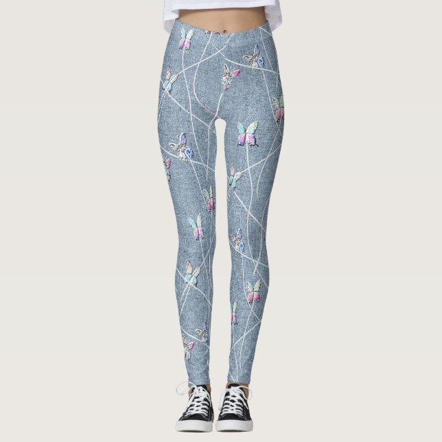 Akvarell Relief Fjärilar på Denimblå Linneduk Leggings (Framsida)