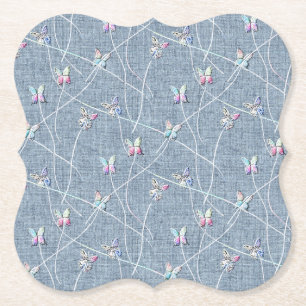 Akvarell Relief Fjärilar på Denimblå Linneduk Underlägg Papper