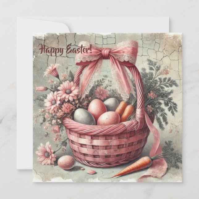 Akvarell retro rustig korg med pastellfärgade ägg julkort (Framsida)