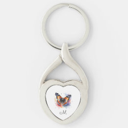Akvarell Röd Admiral Fjäril Monogram Initial Twisted Heart Silverfärgad Nyckelring