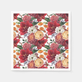 Akvarell Röd Amaryllis och Krysantemum Blommor Pappersservett