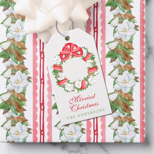Akvarell Röd Båg Magnolia Julkrans Presentetikett (Skapare uppladdad)