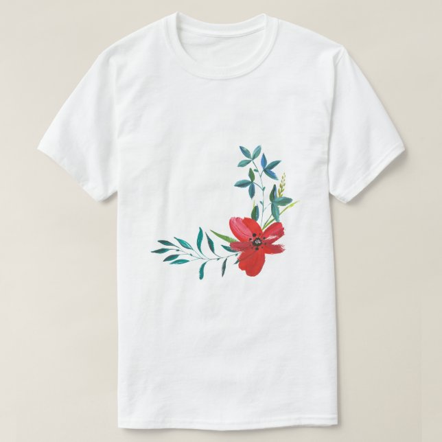 Akvarell Röd Blomma & Grön Blad Essential T-Shirt (Design framsida)