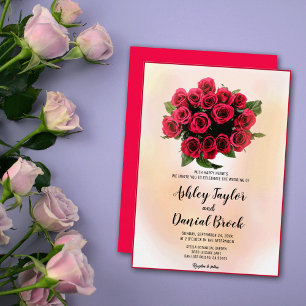 Akvarell Röd Blommig Bukett Romantisk Bröllop Inbjudningar