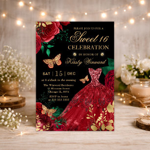 Akvarell Röd Glitter Klänning & Rosor Sweet Sixtee Inbjudningar