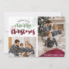 Akvarell Röd Grön Familjefoto God Jul Julkort