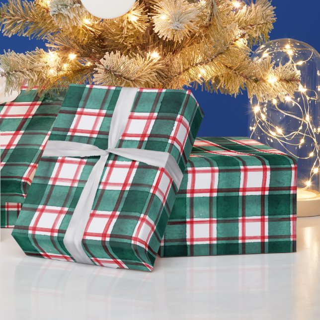 Akvarell Röd Grön Högtidlig Plaid Jul Presentpapper (Helgdagar)