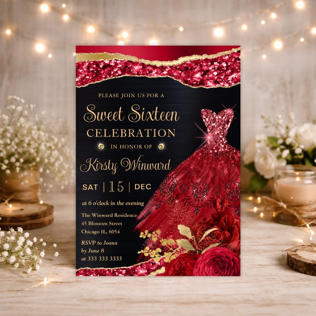 Akvarell Röd & Guld Glitter Klänning Sweet Sixteen Inbjudningar (Skapare uppladdad)