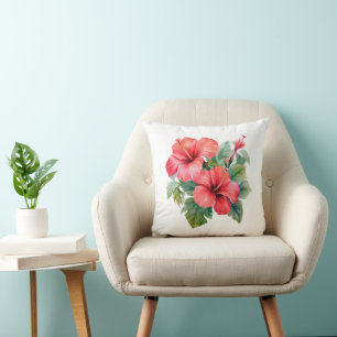 Akvarell Röd Hibiskus Tropisk Blomster Grönska Kudde