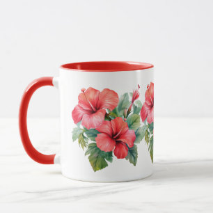 Akvarell Röd Hibiskus Tropisk Blomster Grönska Mugg