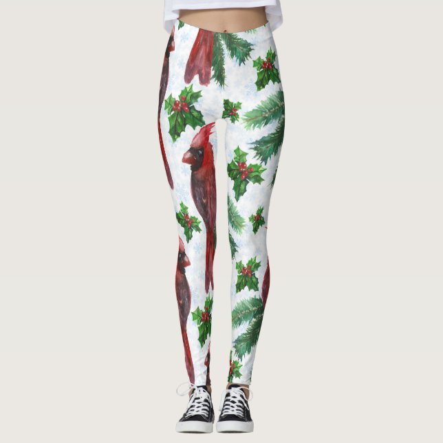 akvarell Röd Kardinalfågel Leggings (Framsida)