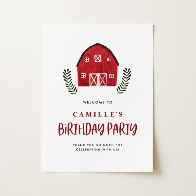 Akvarell Röd Ladugård Rustik Bondgård Bebis Shower Poster (Watercolor red barn birthday party sign featuring farmhouse charm for a country-themed party.)