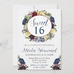 Akvarell Röd och Marinblå Vinterkrans Sweet 16 Inbjudningar