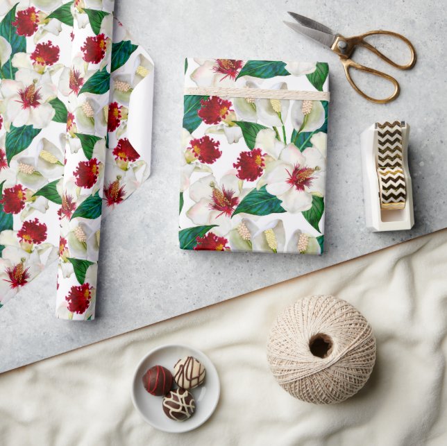 Akvarell Röd Och Vit Sommar tropiska Blommar Presentpapper (Hantverk)