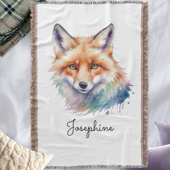Akvarell Röd Räv Whimsical Konst Personlig   Filt (A personalized, fringed blanket throw, with illustration of a red fox in a watercolor style)