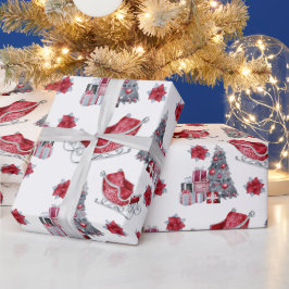 Akvarell Röd släde, julgran, paket Presentpapper