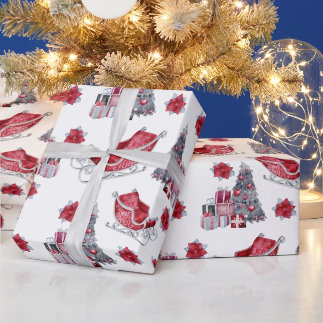 Akvarell Röd släde, julgran, paket Presentpapper (Helgdagar)