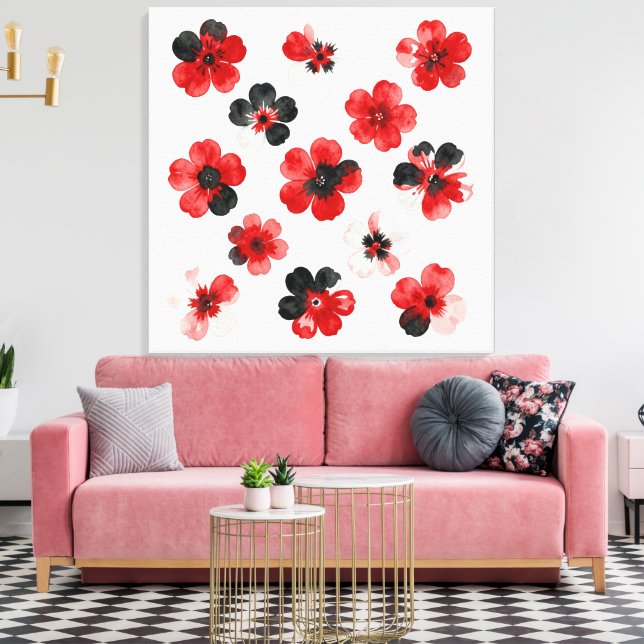 Akvarell Röd Svart Vit Blommig  Canvastryck (Insitu (Vardagsrum))