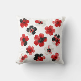 Akvarell Röd Svart Vit Blommig Kudde