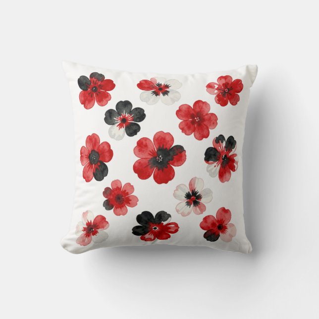 Akvarell Röd Svart Vit Blommig  Kudde (Framsida)