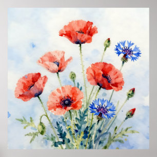 Akvarell Röd Vallmo Blå Kornblomma Bukett Poster
