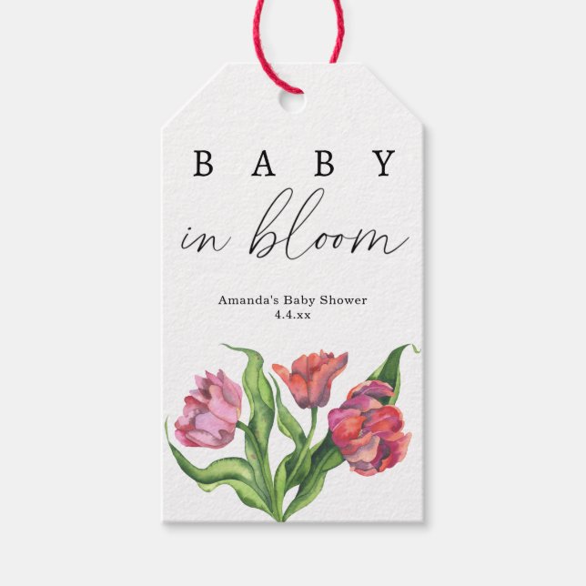 Akvarell röda bukett blommor - baby in bloom presentetikett (Framsidan)