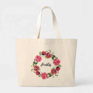 Akvarell röda och rosa blommor cirkel krans design jumbo tygkasse
