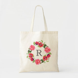 Akvarell röda och rosa blommor cirkel krans design tygkasse