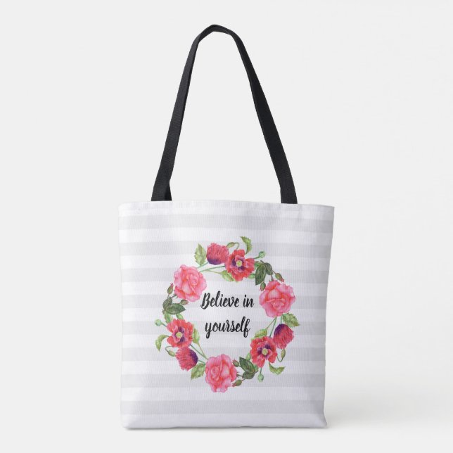 Akvarell röda och rosa blommor krans cirkel tygkasse (Baksida)