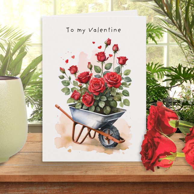 Akvarell Röda Rosor Rustika Blommor Alla Hjärtans  Kort (A beautiful Valentine's Day card with watercolor-style illustration of red roses in a wheelbarrow)