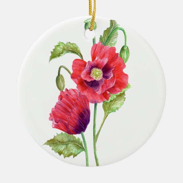 Akvarell Röda Vallmos Floral Konst Julgransprydnad Keramik (Framsidan)