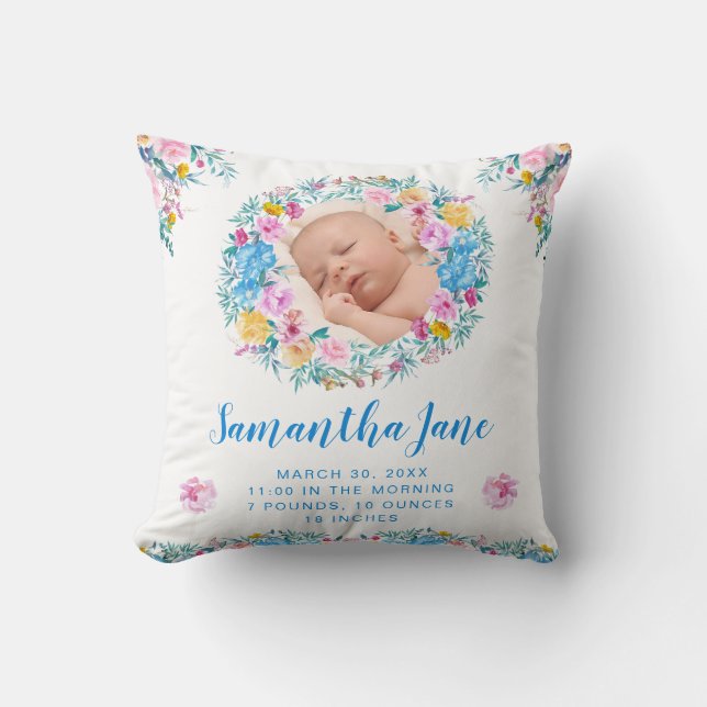 Akvarell Rodnad & Blå Blommor Baby Foto Kudde (Framsida)