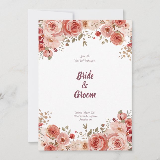 Akvarell Rodnad Dammig Ros Pion Blommig Girlangd Inbjudningar (Framsida)