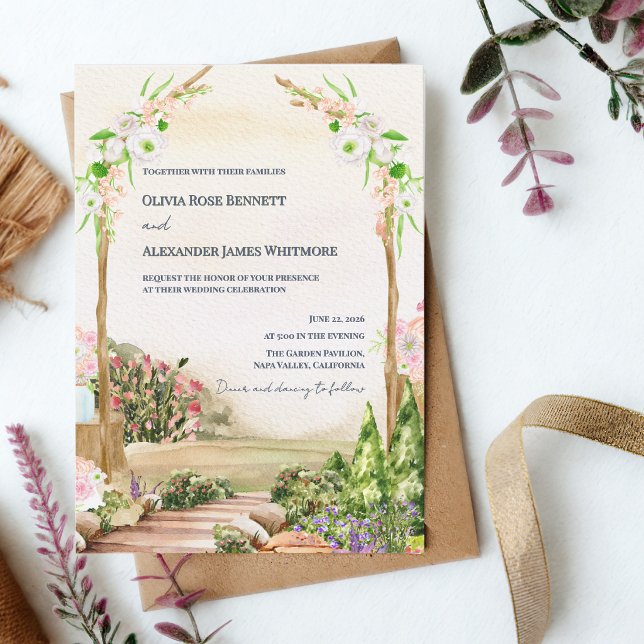 Akvarell Romantisk Trädgårdsbåge Utomhusbröllop Inbjudningar (Watercolor Garden Arch Wedding Invitation Romantic Outdoor Floral Wedding Invite)