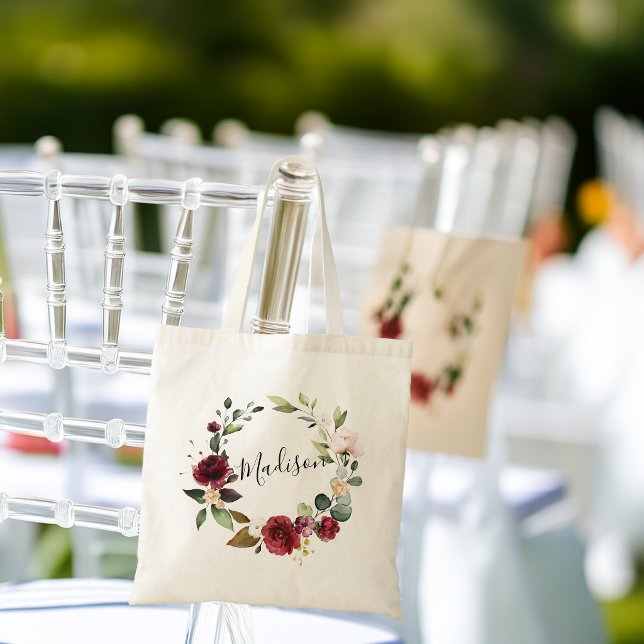Akvarell Ros Burgunder Blommig Krans Namn Tygkasse (Watercolor Rose Burgundy Floral Wreath Name Tote Bag)