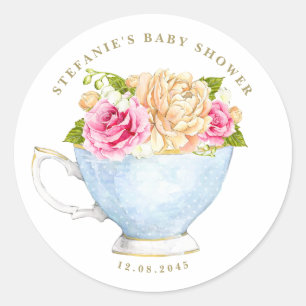 Akvarell Ros Kop Floral Baby Shower Tea Runt Klistermärke