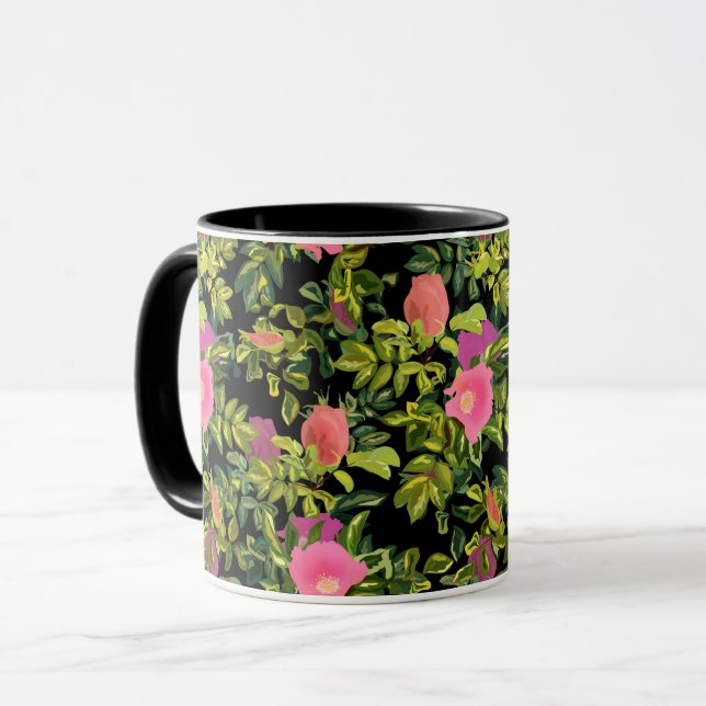 Akvarell ros rosa blommor botanisk blomster retro mugg (Framsida vänster)